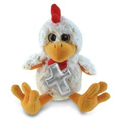 a stuffed chicken with a cross on it's chest and legs, sitting in front of a white background