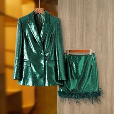 Size: L Sparkle Suit, Feather Suit, Sparkly Two Piece, Feather Trim Skirt, Sequins Blazer, Dark Green Skirt, Sequin Blazer, Gala Events, Party Suits