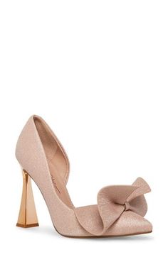 Add eye-catching glamour to your next special occasion with this pointy-toe pump featuring a dramatic bow and lofty flared heel. 4" heel Cushioned footbed Synthetic upper, lining and sole Imported Pump Shoes, Women's Pumps, Betsey Johnson, Champagne, Special Occasion, Nordstrom, Pumps, Size 6, Women Shoes