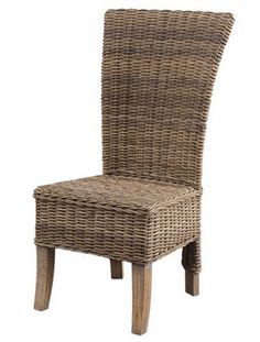 a brown wicker chair with wooden legs