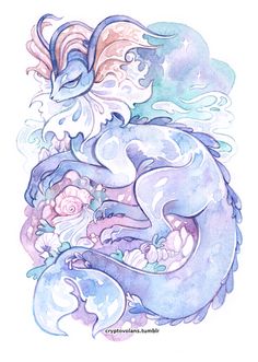 a watercolor drawing of a blue dragon with flowers