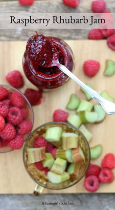 raspberry rhubarb jam in small bowls with fresh raspberries