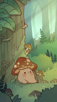 a cartoon mushroom sitting in the middle of a forest