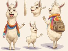 three llamas wearing scarves and scarfs, one is holding a backpack