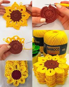 crocheted sunflowers are being made with yarn