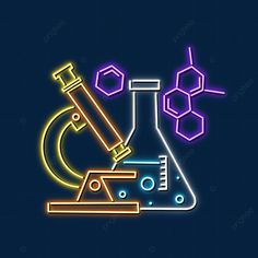 a neon sign that says science with a microscope and flasks in the background