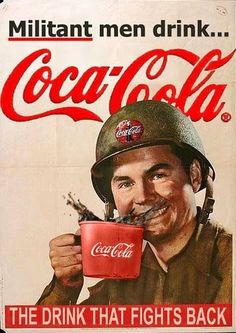 an advertisement for the coca - cola company with a man in uniform drinking from a cup