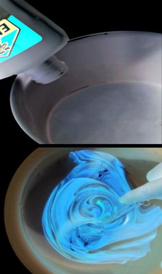 two pictures of blue liquid being poured into a bowl