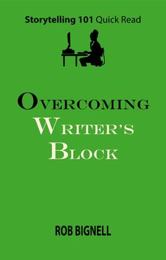 a green book cover with an image of a person sitting at a desk and the words overcoming writer's block