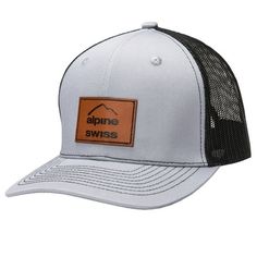 the alpine swiss trucker hat in grey and black with an orange patch on the front