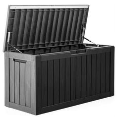 an outdoor storage box is shown with the lid open and it's doors closed