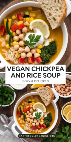 vegan chickpea and rice soup in a white bowl