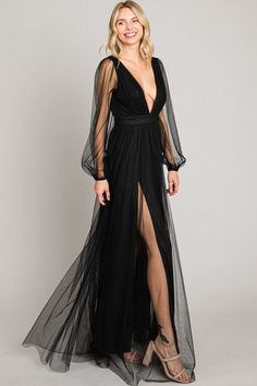 Tulle Dress With Sleeves, Mesh Long Dress, Black Wedding Guest Dresses, Black Tulle Dress, Mesh Maxi Dress, Dress With Sleeves, Black Tulle, Black Wedding, Long Black