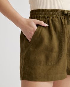 Relaxed and lightweight, these shorts are equally perfect for lounging around or stepping out to see friends. Made from soft, 100% organic linen, they’re a perfect addition for the warm weather.  | Quince | Women's Shorts in Martini Olive, Size Large, Linen Comfortable Summer Pajama Shorts, Everyday Linen Spring Shorts, Everyday Linen Shorts For Spring, Linen Shorts For Everyday Spring Wear, Everyday Linen Shorts With Pockets, Casual Linen Shorts For Everyday, Relaxed Fit Linen Pajama Shorts For Vacation, Summer Linen Bottoms For Everyday, Everyday Linen Shorts With Elastic Waistband