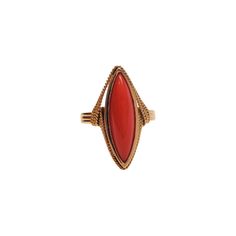 18K Yellow Gold Marquis Shaped Red Coral Ring Size 7.5 Elegant ring with cabochon marquis-shaped coral center in 18K yellow gold. Hallmark: 59 AR 750 Weight: 3.24 dwt/ 5.04 g Ring Size: 7.5 Size: 23.17 mm X 13.98 mm X 8.12 mm Shank: 2.72 mm Very good condition, professionally polished. Will come packaged in a gift box or pouch (when possible) and will be shipped U.S. Priority Mail Insured. AD051724/17KCS Red Coral Ring, G Ring, Coral Ring, Elegant Ring, Red Coral, Womens Jewelry Rings, Estate Jewelry, Rings Statement, Priority Mail