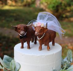 two brown cows on top of a white cake