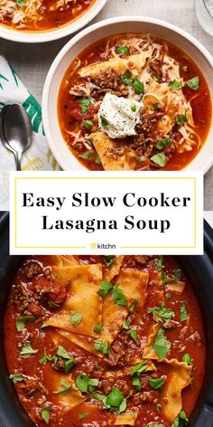 the easy slow cooker lasagna soup is ready to be eaten