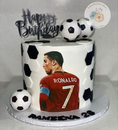 a birthday cake decorated with a soccer ball and player's name on it,