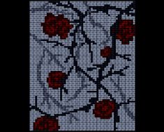 a cross stitch pattern with red and white flowers on it's side, as well as the background