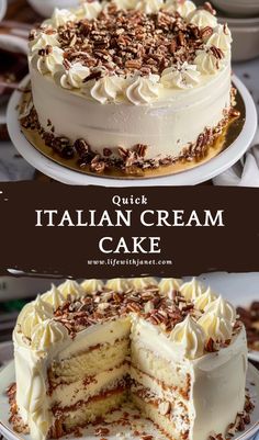 a cake with white frosting and pecans on top is cut in half to show the layers