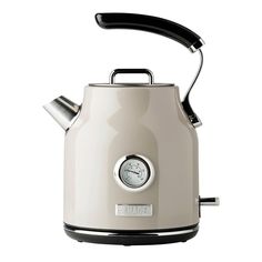 an electric kettle with a clock on the front and side panel, sitting in front of a white background