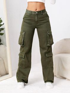 Flap Pocket Cargo Jeans Army Green Casual   Denim Plain Straight Leg Non-Stretch  Women Clothing, size features are:Bust: ,Length: ,Sleeve Length: Flap Pocket Cargo Jeans, Cargo Verde, Army Green Jeans, Big Pants, Outfits Con Jeans, Baggy Cargo Pants, Cargo Pants Outfit, Green Cargo Pants, Green Cargo