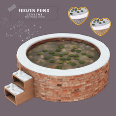 an image of a brick hot tub with water and plants in the middle, surrounded by hearts