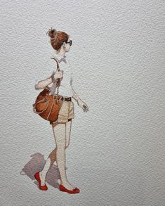 a watercolor painting of a woman walking with a purse on her shoulder and red shoes