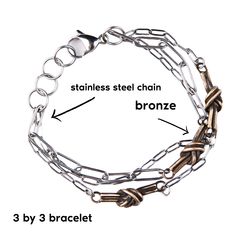 Layered with chain or knots, these Bronze Knot Bracelets provide options for a single bracelet that looks like a stack. Choose if you want multiple knots and chains or a single, modern style of a chunky curb chain with a single know. For him and her, these make a great couples gift as well. Details stainless steel and bronze available in 3 styles adjustable length from 6"-7.5" please request a longer length if needed at no added fee perfect for 8th and 11th Anniversaries, friendship gifts This i Adjustable Multi-strand Chain Bracelet Gift, Metal Chain Bracelet With Hook And Links For Gift, Adjustable Metal Bracelet With Chunky Chain, Adjustable Metal Chain Bracelet With Chunky Chain, Adjustable Chunky Chain Metal Bracelet, Adjustable Chain Link Bracelet With Hooks, Adjustable Link Chain Bracelet With Hook And Links, Adjustable Link Chain Bracelet With Hooks, Adjustable Metal Box Chain Bracelet