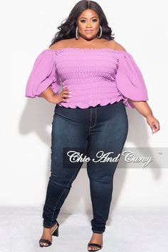 Polyester% 99 Spandex% 1 Model is wearing 1x Fitted Purple Smocked Top, Purple Tops With Smocked Back For Spring, Fitted Purple Top With Smocked Bodice, Purple Fitted Top With Smocked Bodice, Fitted Purple Top With Smocked Back, Plus Size Off The Shoulder Top, Plus Size Off The Shoulder, Chic And Curvy, Abs And Cardio Workout