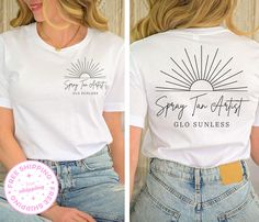 "Looking for a versatile Spray Tan Artist tee that can be styled in a variety of ways? Look no further! Consider sizing up for an oversized look. If you prefer this design on the back, a tank top, or maybe Comfort Colors brand simply send me a message on Etsy. I'm happy to help you customize your order. And don't forget to check out our store, AnavahGrace, for more custom tees, sweatshirts, and tanks. Here's a step-by-step guide on how to place your order: 1. Take a look at all the photos and ma Spray Tan Shirts, Summer Graphic Tee With Branding, Summer Graphic Tee Shirt With Branding, Spray Tan Artist, Artist Tees, Name Shirts, Tan Shirt, Artist Shirts, Spa Business