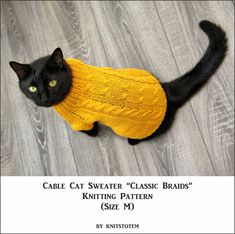 a black cat wearing a yellow sweater on top of a wooden floor with the caption cabled sweater classic braids knitting pattern size m