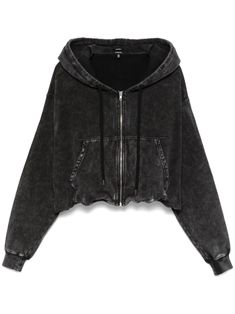 black cotton jersey texture washed front zip fastening drawstring hood drop shoulder long sleeves two front pouch pockets gathered detailing Black Zip Up Hoodie, Long Sleeve Activewear, Amazing Fashion, Black Zip Ups, Exclusive Fashion, Cotton Hoodie, Zipper Hoodie, Zip Up Hoodie, Hoodie Top