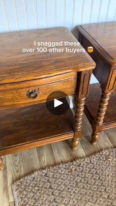 two wooden end tables with one drawer open and the other closed, on carpeted floor