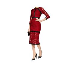 Lovely Red With Contrast Black Lace Piping, Trim Neckline, Three-Quarter Sleeves, Sheath Silhouette, And Hidden Back Zip. Length ~49". Xs: Bust 33" Waist 26" Hips 36" Small: Bust 34" Waist 27" Hips 38" Medium: Bust 36" Waist 28" Hips 40" Chic Red Dress With 3/4 Sleeves, Elegant Red Midi Dress With 3/4 Sleeves, Red Midi Dress With 3/4 Sleeves, Chic Red Half Sleeve Dress, Elegant Red Half Sleeve Midi Dress, Red Fitted Dress With 3/4 Sleeves, Red 3/4 Sleeve Party Dress, Red Party Dress With 3/4 Sleeves, Red Half Sleeve Evening Dress