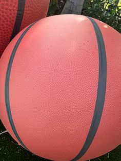 two red and black basketballs sitting next to each other on the grass in front of trees