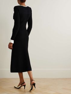 SELF-PORTRAIT Faux pearl-embellished crepe-trimmed metallic ribbed-knit midi dress | NET-A-PORTER Midi Length, Designer Fashion