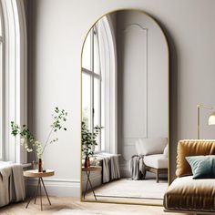 a living room with an arched mirror and couch