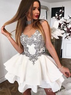 Grey Lace Applique Homecoming Dresses Ivory Mini Homecoming Dress ARD1720-SheerGirl Burgundy Homecoming Dress, Cheap Cocktail Dresses, Mini Homecoming Dresses, White Homecoming Dresses, Short Party Dress, Short Homecoming Dress, School Dresses, Dress Aesthetic, Short Prom