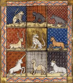 an image of animals in different colors and sizes on a cloth with gold trimmings