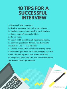 the top 10 tips for a successful interview infographical poster with an image of a laptop and papers