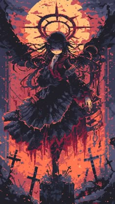 an illustration of a woman with wings in front of a full moon and blood splattered background