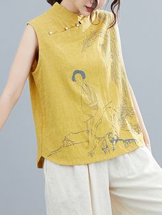 Artistic Retro Chinese-Style Printed Buttoned Stand Collar Sleeveless Vest YELLOW-2XL Acubi Style, Cheongsam Top, Chinese Collar, Ethnic Print, Vest White, Daily Dress, Sleeveless Vest, Belleza Natural, Cardigan Tops