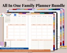 the ultimate family planner bundle is shown in three different colors and sizes, including one for each