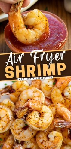 grilled shrimp on a plate with sauce and text overlay that reads air fryer shrimp