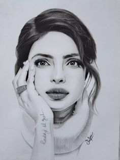 a pencil drawing of a woman holding her hand to her face