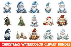 the christmas watercolor clipart bundle includes gnomes, snowmen and other holiday decorations