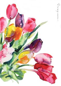 a watercolor painting of colorful tulips in a vase on a white background