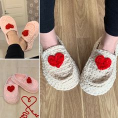 two pictures with hearts on them and one has crocheted slippers