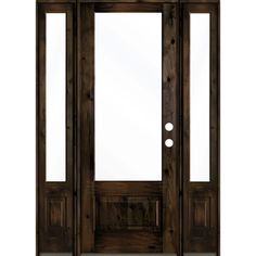 a wooden door with glass and side panels